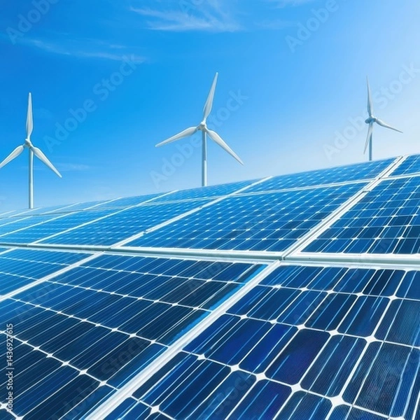Fototapeta A vast solar panel field stretches under a brilliant blue sky with three large wind turbines generating clean renewable energy.