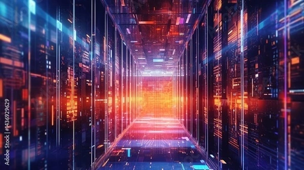 Obraz virtual data center, digital streams futuristic, Cybernetic Data Center Corridor