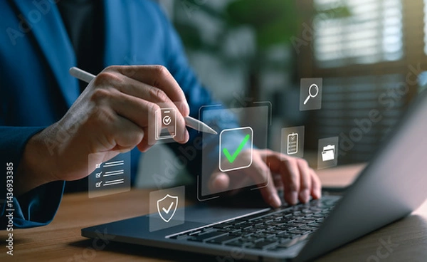Fototapeta Businessman using digital pen and laptop with online document approval system, task checklist management, and secure data verification concept for digital workflow and business automation.