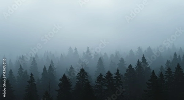 Fototapeta Misty evergreen forest silhouette creating a moody atmosphere with layers of pine trees shrouded in fog and a blue gray color palette evoking tranquility