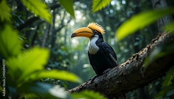 Fototapeta Hornbill Resting on Branch in Lush Forest Canopy