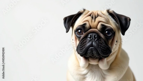 Obraz Solo pug against white backdrop; charming wrinkles, expressive eyes , wrinkled, background