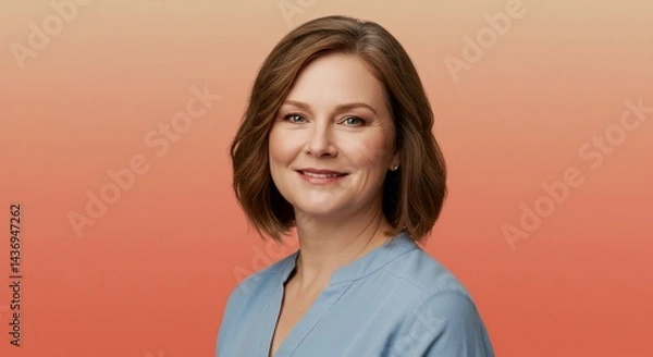 Fototapeta Portrait of a smiling woman with short brown hair against an orange gradient