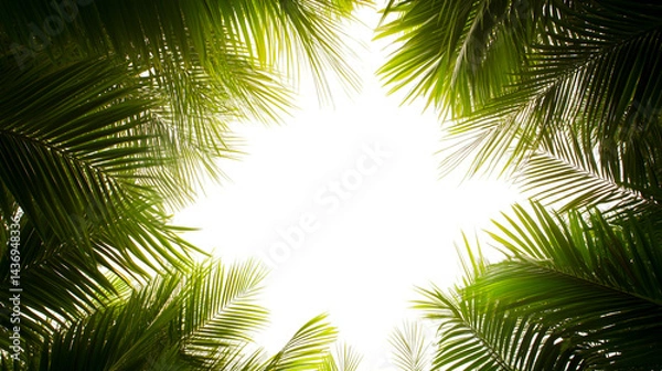 Fototapeta A frame of green palm leaves on a white background, vector illustration. Captured with a wide-angle lens, this is a raw photographic image.