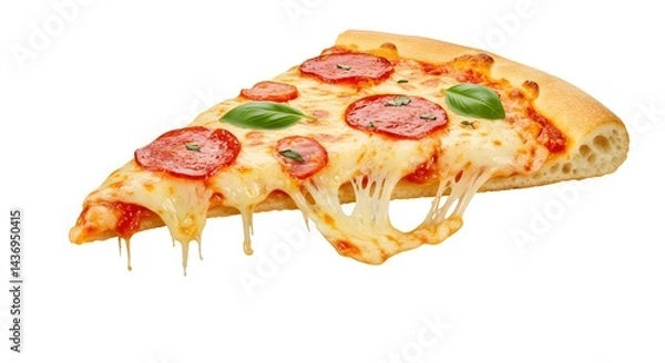 Fototapeta A single slice of pepperoni pizza with melted cheese and basil on a white isolated background