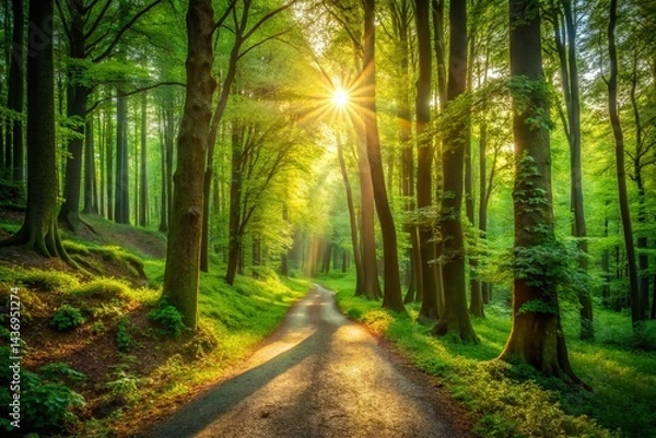 Obraz Serene Forest Path: Lush Green Trees, Sunlight Dappled Trail Stock Photo