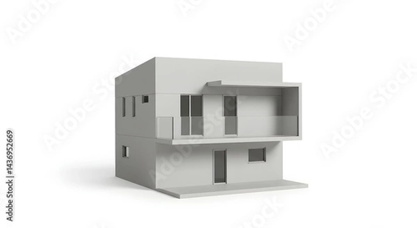 Obraz A minimalist two story house model with a balcony and a flat roof on a white background view from the front