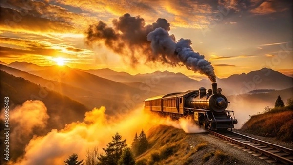 Obraz Silhouette of Steam Train Riding Through Misty Mountain Landscape at Sunset