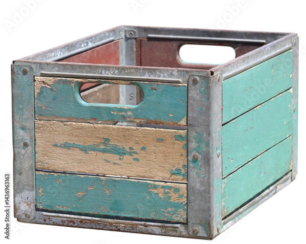 Obraz An old weathered crate in teal colors with metal corners.