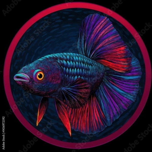 Fototapeta Colorful tropical siamese fighting fish, an aquatic animal, is isolated on a blue and black background