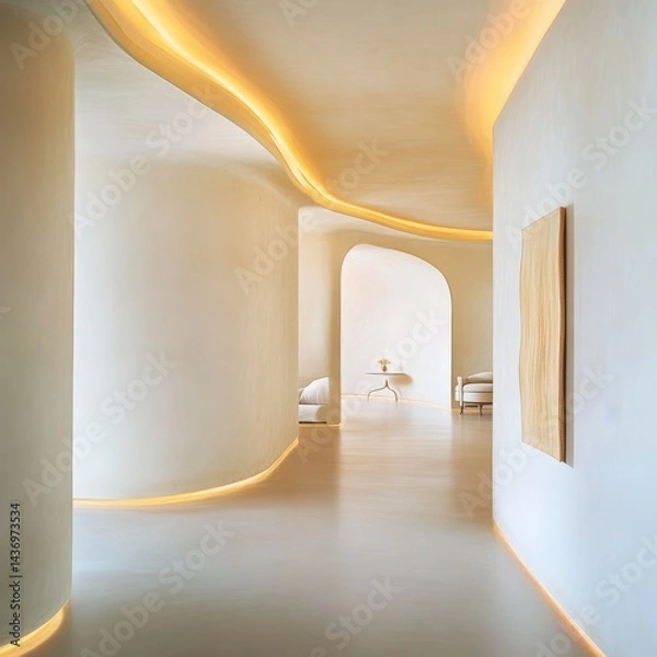 Fototapeta Curved walls leading to a bedroom in a modern home minimalist design soft lighting serene environment