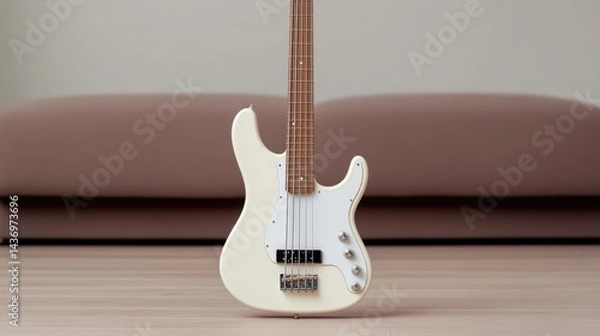 Obraz White Electric Bass Guitar Minimalist Style, High-Quality Studio Lighting, Front Centered View, Smooth Wooden Floor, Ready to Play, Neutral Background, Creamy Soft Tones, Product Advertisement