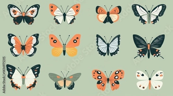 Obraz Various butterfly illustrations on green background for nature/garden design projects