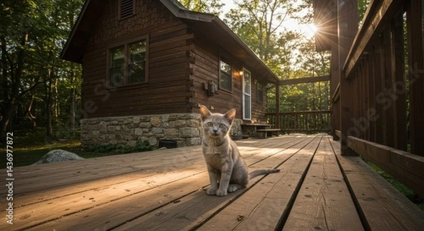 Fototapeta Small light-colored cat sitting on the porch of a rustic wooden cabin in a lush green forest