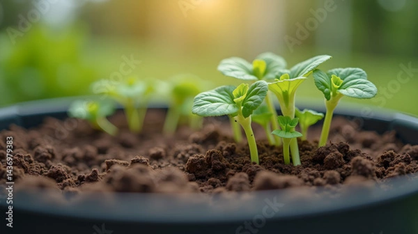 Fototapeta realistic macro shot of a compost bin and green sprouts emerging from soil in an urban garden setting
