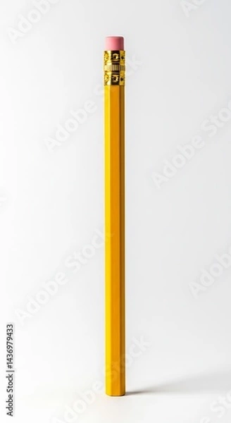 Fototapeta A single, unsharpened, yellow, hexagonal pencil with a pink eraser and gold metal ferrule, standing upright against a white background.
