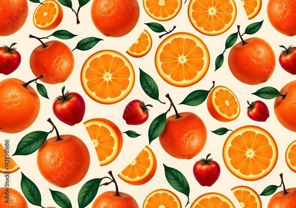 Fototapeta seamless pattern of sliced oranges and whole fruits flat vector on ivory background