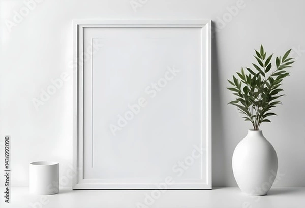 Obraz A white table holds a blank frame and a potted plant, both set against a white background