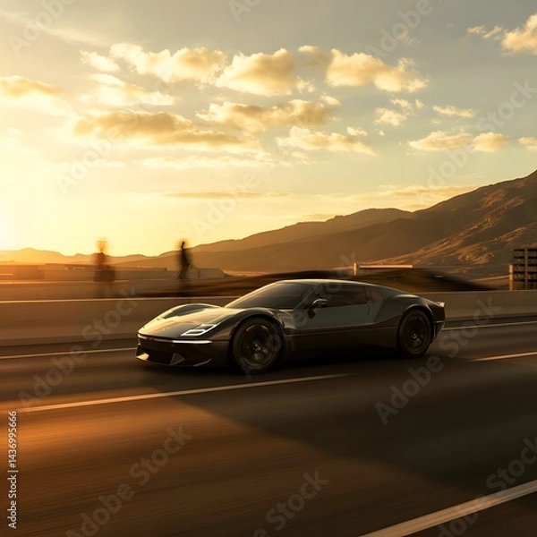 Fototapeta Sleek Black Sports Car Speeding Down Highway at Golden Sunset with Mountain Backdrop