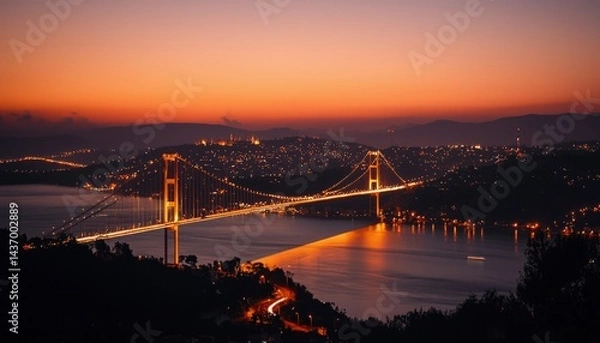 Fototapeta City skyline at dawn with bridge