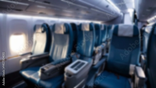 Fototapeta blurred airplane seats, interior inside a passenger plane, economy class, with blurred airplane seats background