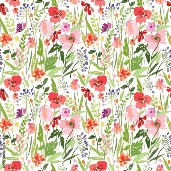 Fototapeta Seamless pattern with bright flowering carpet of meadow plants.