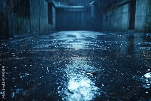 Obraz A dark, rainy alleyway is seen, with the wet pavement reflecting the light from nearby buildings above the alley.