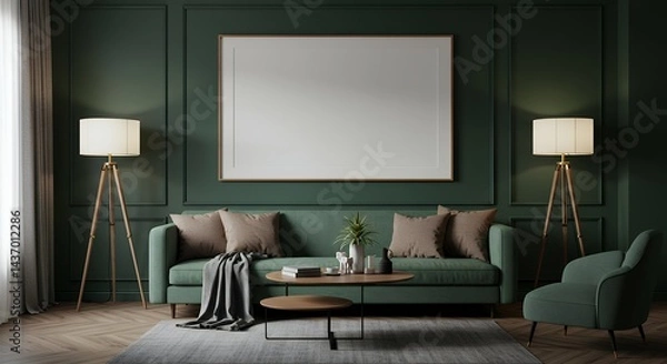 Fototapeta simulated visual frame dark green colored domestic interior upholstered seating item low table standing lamp contemporary classic interior rendered three dimensions template ready use unoccupied