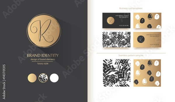 Obraz Luxury brand identity. Calligraphy R letter - sophisticated logo design. Couple business card designs included