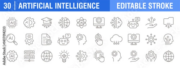 Fototapeta Collection of artificial intelligence icons. Robot, command, technology, smart. Vector design template, signs, symbols, editable stroke.