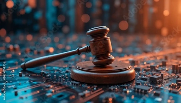 Fototapeta Wooden Gavel on Circuit Board Background for Digital Law Concept
