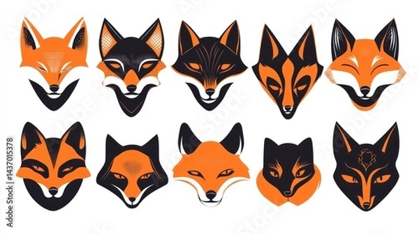 Fototapeta Fox head illustrations; graphic design elements; white background; autumn colors