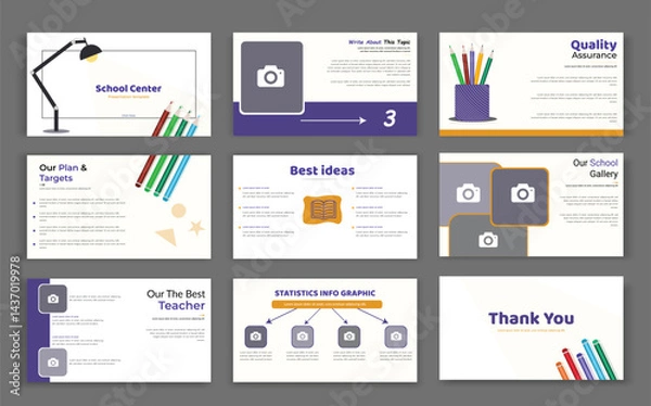Obraz Education PowerPoint presentation slides template design. School PowerPoint presentation slide template design. Use for modern keynote presentation background, brochure design, website slider, 
