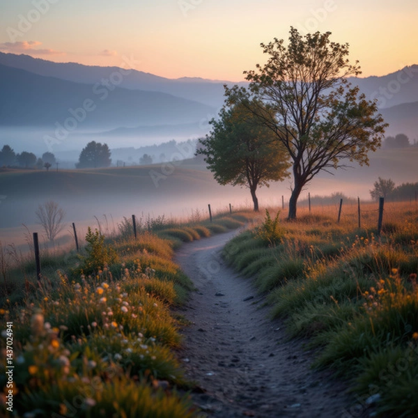 Fototapeta Serene landscape unfolds featuring winding path through tranquil meadow at dawn, with mist gently rising and trees silhouetted against soft morning light