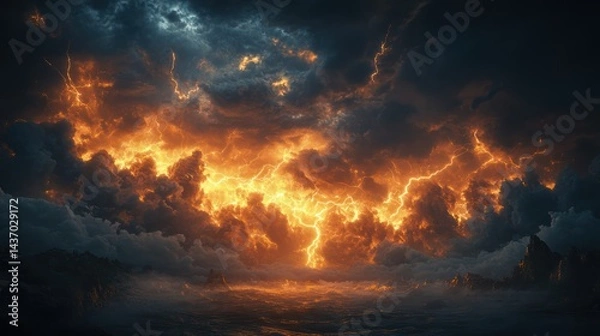 Fototapeta Dramatic lightning storm over a dark ocean creates an eerie and beautiful scene