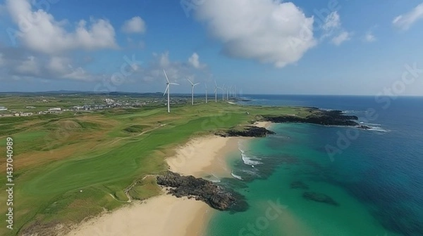 Obraz Coastal wind farm aerial view, green golf course, ocean
