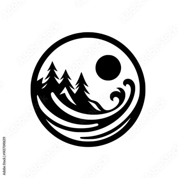 Fototapeta Yin Yang Nature Icon: Trees, Sun, Waves, Circular Design