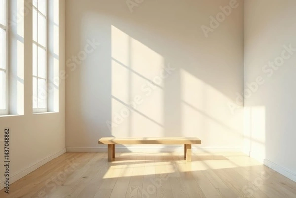 Fototapeta Serene Minimalist Room with Light Streaming Through Windows and Simple Wooden Bench