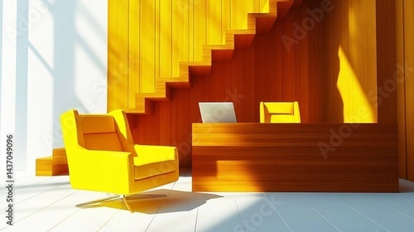 Obraz Yellow chair office desk stairs sunlight modern interior