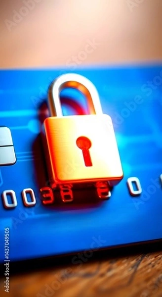 Fototapeta credit card security,  credit card and lock, Credit card with glowing digital padlock ensuring secure online payments and protecting financial data, credit card security concept, 