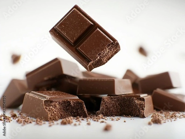Fototapeta Minimalist photo of pieces of chocolate on white background, focusing on texture and color, capturing the luxury and deliciousness of sweet chocolate.