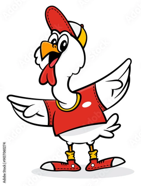 Fototapeta Broiler chicken cartoon characters wearing baseball hat, sneakers, and Restaurant uniform t-shirt, greeting a customer. Best for mascot with culinary business themes