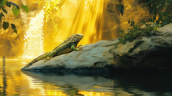 Fototapeta tranquil view of green iguana basking on sunlit rock near waterfall, surrounded by lush foliage and reflecting water