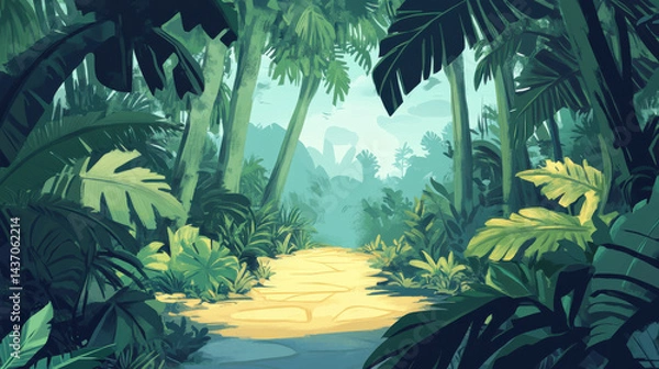 Fototapeta calm rainforest scene with hidden path leading through lush greenery, inviting exploration and tranquility