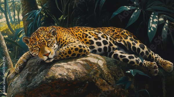 Fototapeta Majestic jaguar lounging peacefully on rock in rainforest, surrounded by lush greenery and vibrant foliage, exuding tranquility