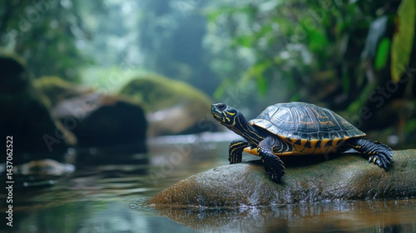 Fototapeta peaceful moment of turtle sunbathing on rock in serene river surrounded by lush greenery, evoking tranquility and nature beauty