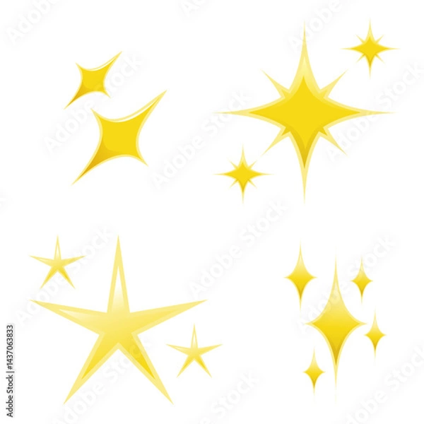 Fototapeta Cartoon Sparkle Stars Vector Illustration. A cute and simple cartoon illustration featuring three yellow starburst shapes of varying sizes, representing sparkles or shine.