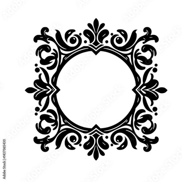 Fototapeta Elegant Black Floral Frame with Circle Center, Minimalist Design