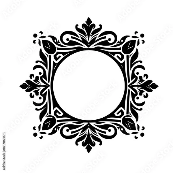 Fototapeta Elegant Black Floral Frame with Circle Center, Vector Illustration