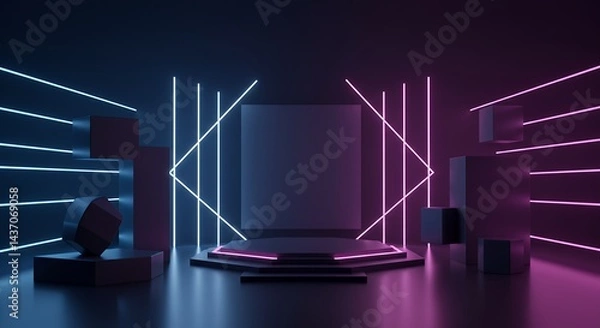 Fototapeta Immerse yourself D render abstract minimal geometric featuring glowing neon lines ideal stage laser show illumination showcasing blank rectangular shapes square frames within virtual reality setting